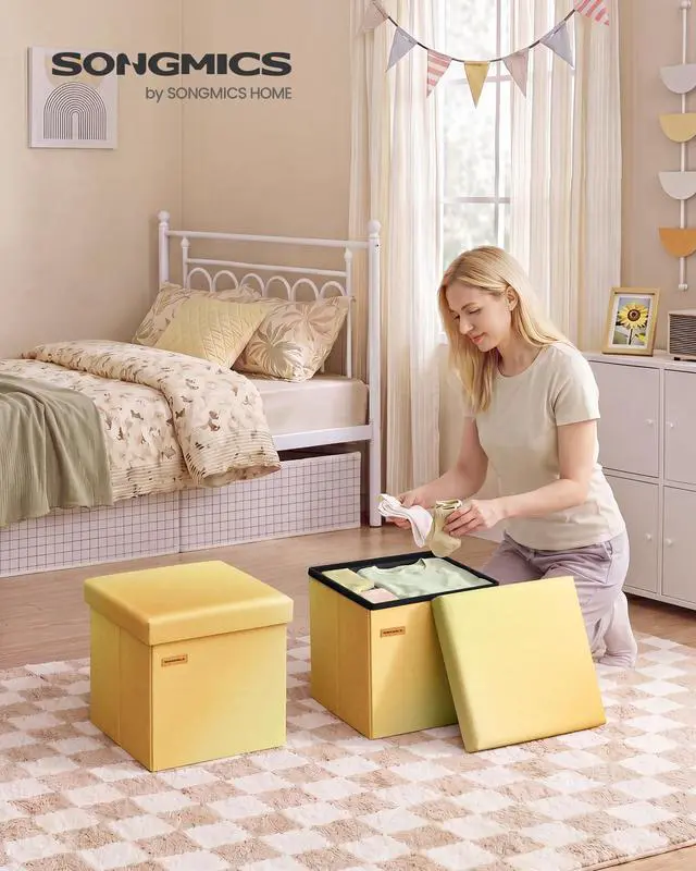 Alt view image 2 of 6 - Folding Storage Ottoman Bench, Linen Fabric, Storage Chest, Foot Rest Stool, Holds up to 286.6 lb, 11.8 x 11.8 x 11.8 in, Bedroom Bench, Orange-Gold Ombre, Minota Collection ULSF028X301