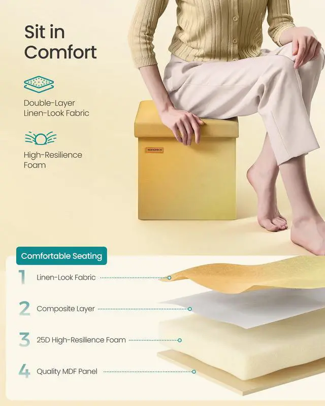 Alt view image 5 of 6 - Folding Storage Ottoman Bench, Linen Fabric, Storage Chest, Foot Rest Stool, Holds up to 286.6 lb, 11.8 x 11.8 x 11.8 in, Bedroom Bench, Orange-Gold Ombre, Minota Collection ULSF028X301