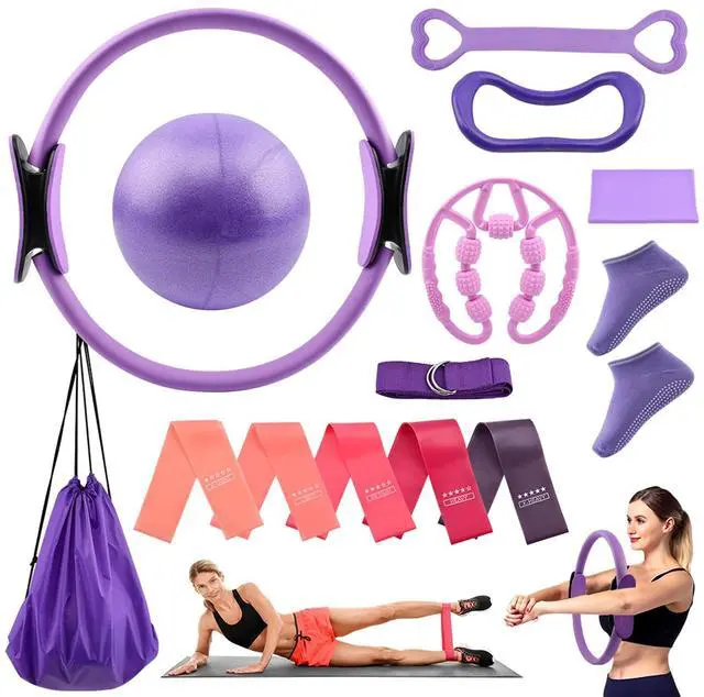 Main image of At Home Pilates Kit for Women, Home Workout Pilates Equipment Set with Pilates Ring, Ball, Resistance Band, Resistance Bands, Yoga Strap, Bag, Pilates Essentials Kit for Starter, Beginners(Purple)