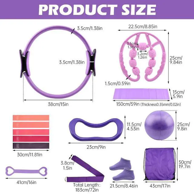Alt view image 2 of 7 - At Home Pilates Kit for Women, Home Workout Pilates Equipment Set with Pilates Ring, Ball, Resistance Band, Resistance Bands, Yoga Strap, Bag, Pilates Essentials Kit for Starter, Beginners(Purple)