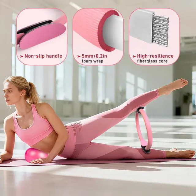 Alt view image 3 of 7 - Pilates Ring Set 15 PCS, Home Pilates Essentials Kit for Women, 12" Pilates Ring and 9" Ball Set, Pilates Kit with Ankle Weights 2LB, Resistance Bands, for Toning & Better Me Gifts(Pink)