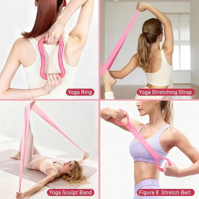 Alt view image 6 of 7 - Pilates Ring Set 15 PCS, Home Pilates Essentials Kit for Women, 12" Pilates Ring and 9" Ball Set, Pilates Kit with Ankle Weights 2LB, Resistance Bands, for Toning & Better Me Gifts(Pink)