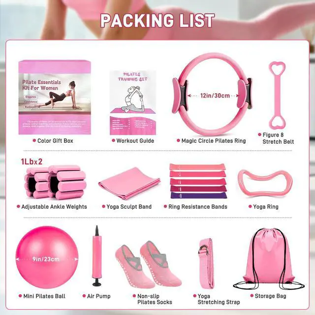 Alt view image 7 of 7 - Pilates Ring Set 15 PCS, Home Pilates Essentials Kit for Women, 12" Pilates Ring and 9" Ball Set, Pilates Kit with Ankle Weights 2LB, Resistance Bands, for Toning & Better Me Gifts(Pink)
