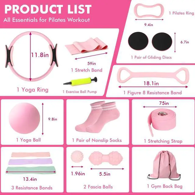 Alt view image 7 of 7 - Pilates Equipment Kit for Women, Pink Ring Ball Bands, Home Workouts