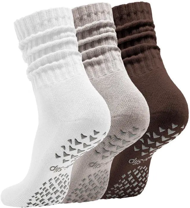 Main image of Womens Pilates Socks with Grips 3 Pairs Scrunch Crew Non-Slip Yoga Barre Workout Hospital Slipper Slouch Socks (US, Numeric, 5, 11, Regular, Regular, White+Khaki+Brown)