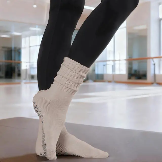 Alt view image 2 of 6 - Womens Pilates Socks with Grips 3 Pairs Scrunch Crew Non-Slip Yoga Barre Workout Hospital Slipper Slouch Socks (US, Numeric, 5, 11, Regular, Regular, White+Khaki+Brown)