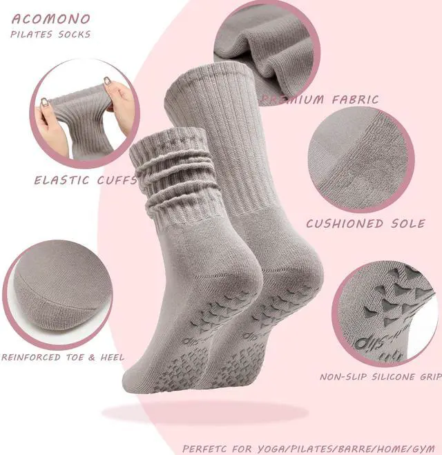 Alt view image 4 of 6 - Womens Pilates Socks with Grips 3 Pairs Scrunch Crew Non-Slip Yoga Barre Workout Hospital Slipper Slouch Socks (US, Numeric, 5, 11, Regular, Regular, White+Khaki+Brown)