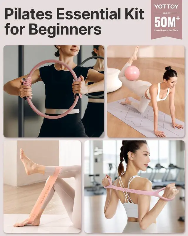 Alt view image 2 of 7 - 13.5 Inch Pilates Ring and Ball Set, Figure 8 Resistance Bands, Stretch Bands&Guide,Pilates Equipment Set for Beginners for Home Workouts Core Strength, Yoga, Physical Therapy & Rehab, Pink