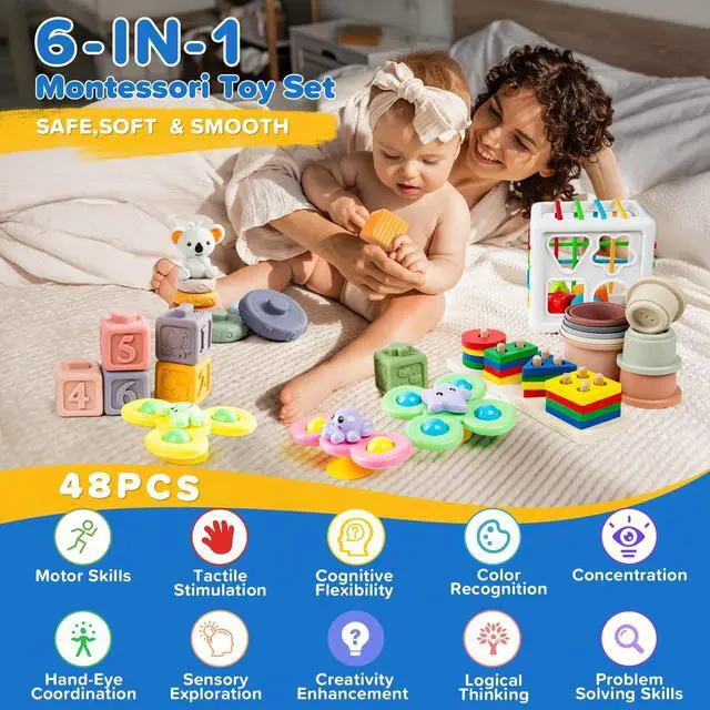 Alt view image 2 of 7 - 6-in-1 Baby Toys 6 to 12 Months, Montessori Toys for Babies 6-12-18 Months, Infant Teething Toy Stacking Blocks Rings Sensory Bin, Sorting Sensory Educational Learning Gift for Toddlers Aged 1-3