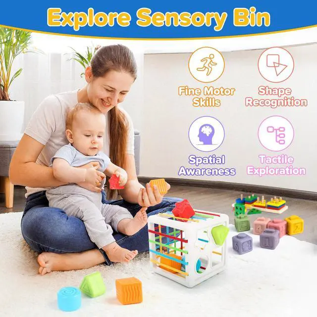 Alt view image 3 of 7 - 6-in-1 Baby Toys 6 to 12 Months, Montessori Toys for Babies 6-12-18 Months, Infant Teething Toy Stacking Blocks Rings Sensory Bin, Sorting Sensory Educational Learning Gift for Toddlers Aged 1-3
