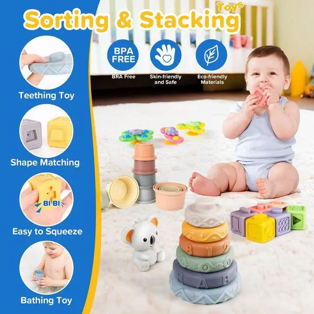 Alt view image 4 of 7 - 6-in-1 Baby Toys 6 to 12 Months, Montessori Toys for Babies 6-12-18 Months, Infant Teething Toy Stacking Blocks Rings Sensory Bin, Sorting Sensory Educational Learning Gift for Toddlers Aged 1-3