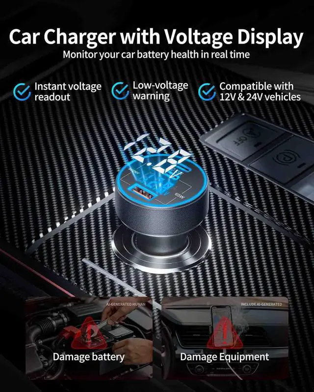 Alt view image 4 of 7 - 130W 3-Port USB C Super Fast Car Charger (with Voltage Display) for Samsung