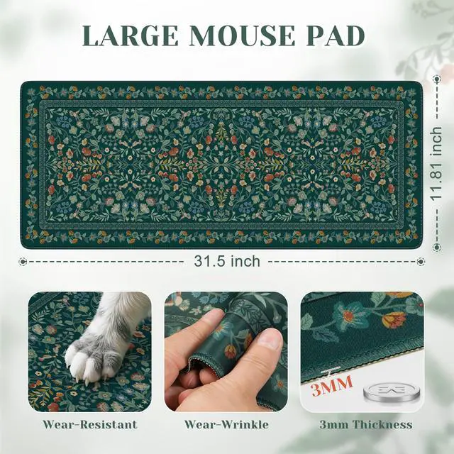 Alt view image 2 of 7 - Aesthetic Floral Desk Mat,Retro Mouse Pads,31.5x11.8in,Deep Green