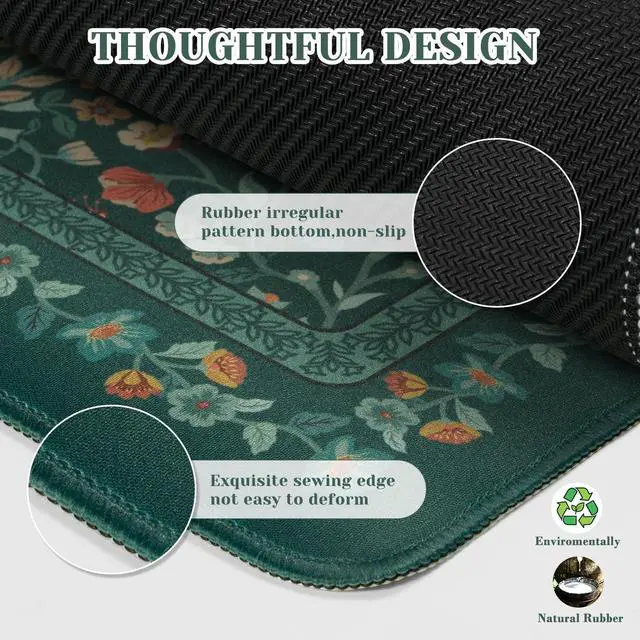 Alt view image 4 of 7 - Aesthetic Floral Desk Mat,Retro Mouse Pads,31.5x11.8in,Deep Green