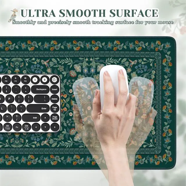 Alt view image 3 of 7 - Aesthetic Floral Desk Mat,Retro Mouse Pads,31.5x11.8in,Deep Green