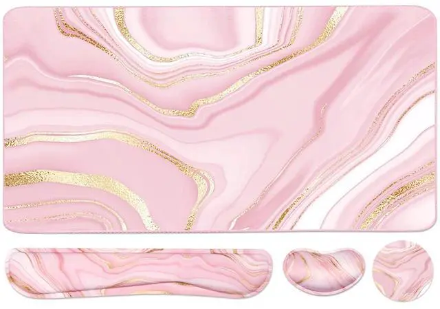 Main image of Keyboard Mouse Pad Set, Extended Mouse Pad+Keyboard Wrist Rest Support, Memory Foam Ergonomic Easy Typing, 3Pcs (35.4×15.7 in) Desk Pad Set for Home Office Study Game- Pink Gold