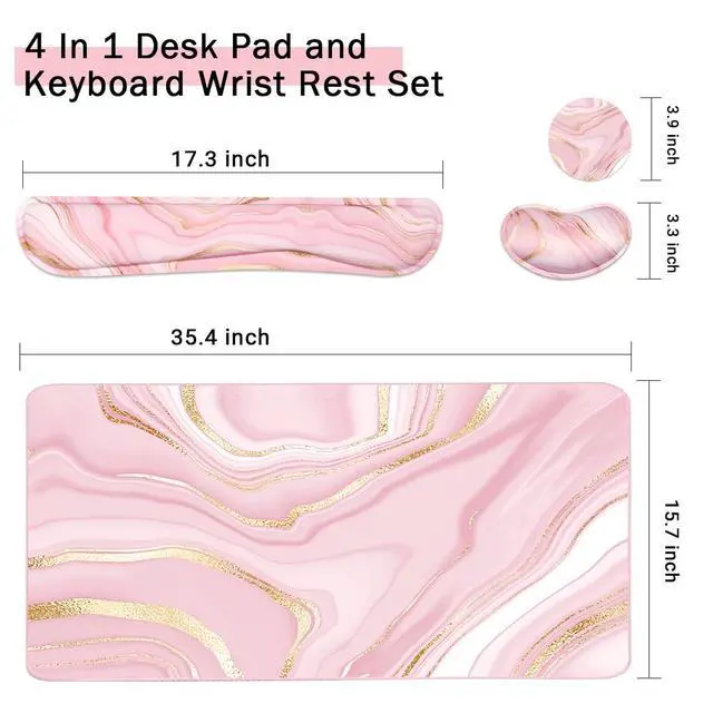 Alt view image 3 of 6 - Keyboard Mouse Pad Set, Extended Mouse Pad+Keyboard Wrist Rest Support, Memory Foam Ergonomic Easy Typing, 3Pcs (35.4×15.7 in) Desk Pad Set for Home Office Study Game- Pink Gold