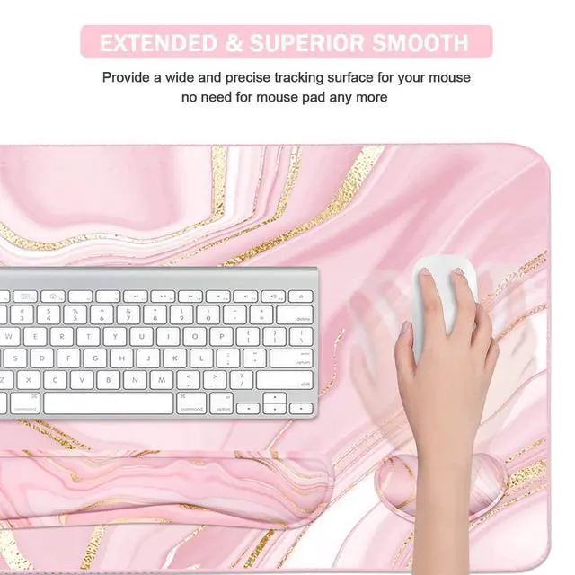 Alt view image 5 of 6 - Keyboard Mouse Pad Set, Extended Mouse Pad+Keyboard Wrist Rest Support, Memory Foam Ergonomic Easy Typing, 3Pcs (35.4×15.7 in) Desk Pad Set for Home Office Study Game- Pink Gold