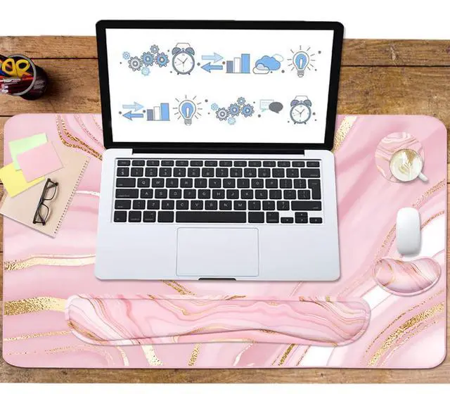 Alt view image 6 of 6 - Keyboard Mouse Pad Set, Extended Mouse Pad+Keyboard Wrist Rest Support, Memory Foam Ergonomic Easy Typing, 3Pcs (35.4×15.7 in) Desk Pad Set for Home Office Study Game- Pink Gold
