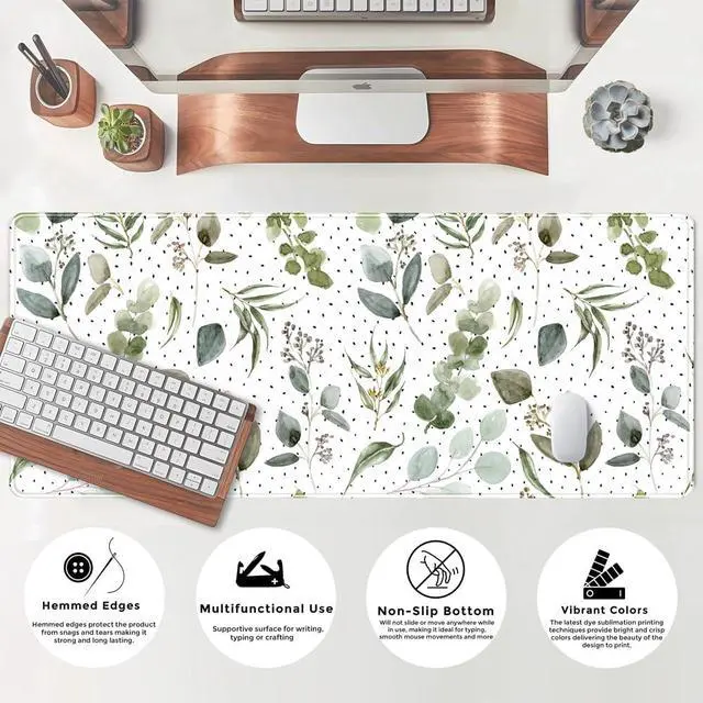 Alt view image 5 of 6 - Green Mouse Pad Boho Desk Mat,Speckled Textured Greens Cool Aesthetical Mouse Pad Desk Accessories for Women Office Decor Mousepad Keyboard Pad, Non-Slip Rubber Base with Stitched Edges 31.5x11.8In
