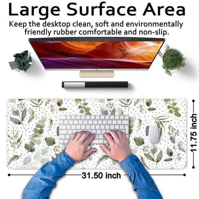 Alt view image 6 of 6 - Green Mouse Pad Boho Desk Mat,Speckled Textured Greens Cool Aesthetical Mouse Pad Desk Accessories for Women Office Decor Mousepad Keyboard Pad, Non-Slip Rubber Base with Stitched Edges 31.5x11.8In
