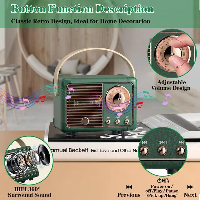 Alt view image 4 of 6 - Vintage Home Decor Bluetooth Speaker,Wireless Portable Mini Retro Speaker Small Cute Old Fashion Style for Office Bedroom Kitchen Desk Outdoor for Kids Adults Teens Women Men -Green