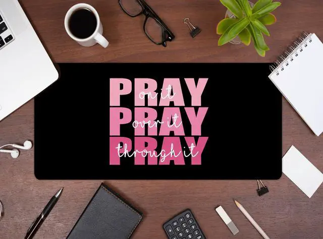 Alt view image 3 of 5 - Black Pink Desk Mat, Pink Christian Computer Mat 23x12