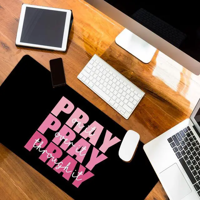 Alt view image 5 of 5 - Black Pink Desk Mat, Pink Christian Computer Mat 23x12
