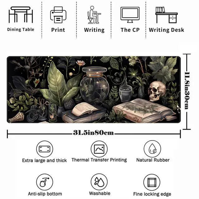 Alt view image 2 of 7 - Dark Academia Desk Mat Mouse Pad XL Extended Large Gaming Desk Pad Mousepad, Mystical Green Plant Computer Laptop Keyboard and Mouse Mat, Desktop Protector Mat for Women Girl Office 31.5x11.8 in