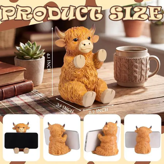 Alt view image 2 of 7 - Highland Cow Cell Phone Stand for Desk, Highland Cow Figurines Decoration, Resin Cute Animal Desktop Phone Holder Statues for Friends Home Office Table Accessories