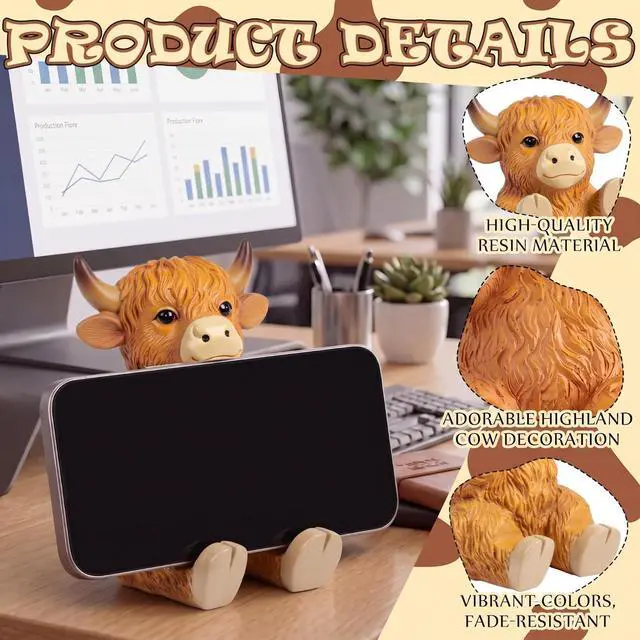 Alt view image 3 of 7 - Highland Cow Cell Phone Stand for Desk, Highland Cow Figurines Decoration, Resin Cute Animal Desktop Phone Holder Statues for Friends Home Office Table Accessories
