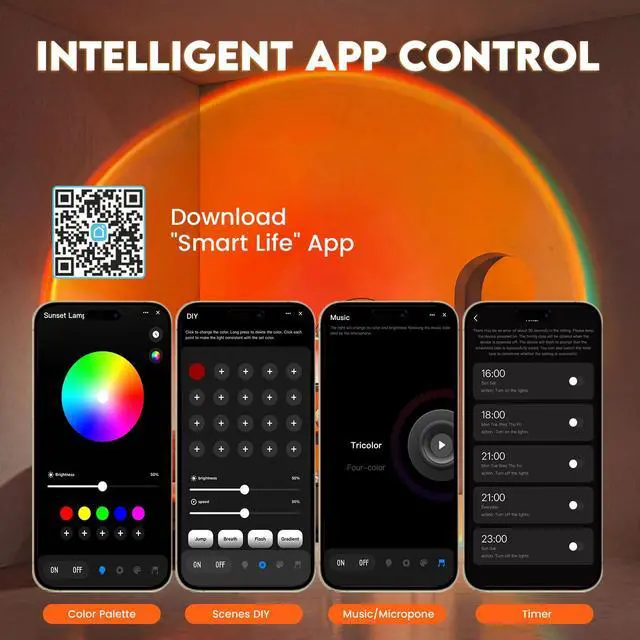 Alt view image 2 of 7 - Sunset Lamp Projection Led Lights with Remote,APP Multicolor Night Light 360° Rotation Rainbow Lights 4 Modes Setting for Photography/Selfie/Party/Home/Living Bedroom Decor, Gifts for Women