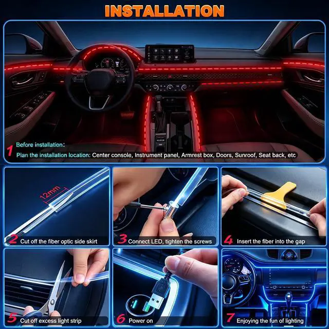 Alt view image 6 of 7 - Interior Car LED Strip Lights, USB Ambient Lighting Kits (6 in 1)