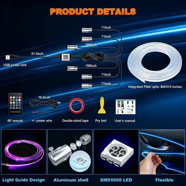 Alt view image 7 of 7 - Interior Car LED Strip Lights, USB Ambient Lighting Kits (6 in 1)