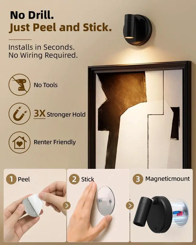 Alt view image 3 of 7 - Spotlights Indoor with Remote, 5500mAh Rechargeable Picture Lights, Wireless Uplights with Timer & Dimmable, 3-CCT, Accent Lighting for Plant, Art, Painting, Gallery, Wall Decor (2-Pack Black)