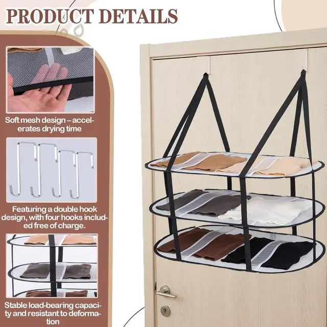 Alt view image 5 of 7 - 3-Tier Upgrade Sweater Drying Rack Over The Door, Foldable Mesh Hanging Dryer Flat with Hooks, Large Breathable Laundry Drying Hanger, Clothes Lay Flat Dryer for Apartments Dorms Bathrooms