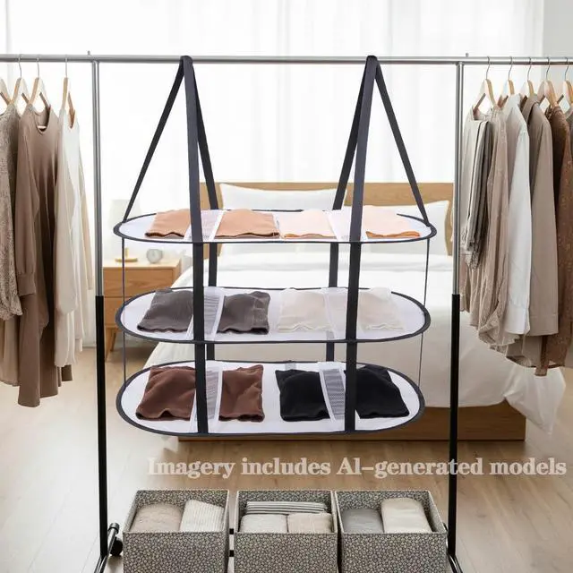 Alt view image 6 of 7 - 3-Tier Upgrade Sweater Drying Rack Over The Door, Foldable Mesh Hanging Dryer Flat with Hooks, Large Breathable Laundry Drying Hanger, Clothes Lay Flat Dryer for Apartments Dorms Bathrooms