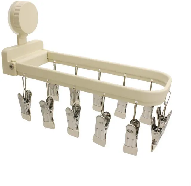 Main image of Foldable Laundry Drying Rack with 15 Clips, Wall Mount Suction Cup Hanger for Socks Undergarments Towels, Space Saving Clothes Organizer, Cream White