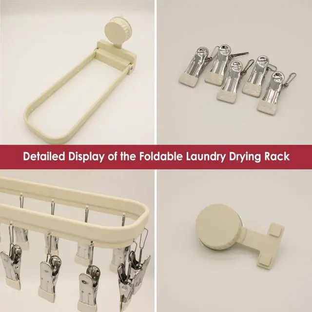 Alt view image 2 of 6 - Foldable Laundry Drying Rack with 15 Clips, Wall Mount Suction Cup Hanger for Socks Undergarments Towels, Space Saving Clothes Organizer, Cream White
