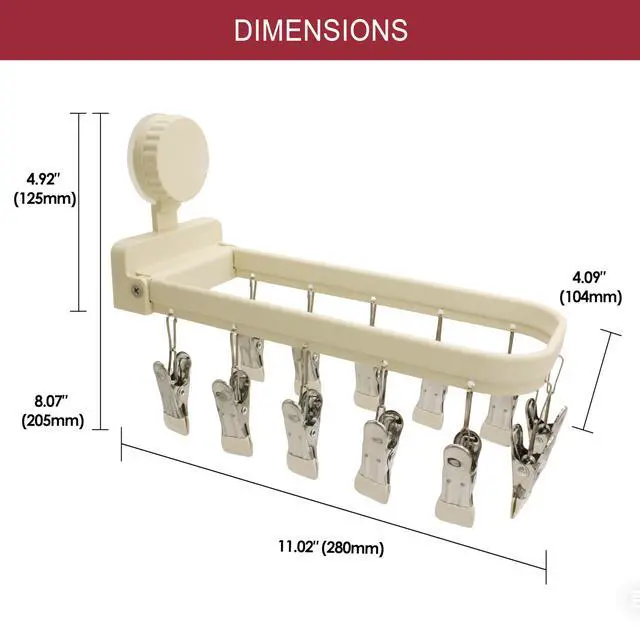 Alt view image 3 of 6 - Foldable Laundry Drying Rack with 15 Clips, Wall Mount Suction Cup Hanger for Socks Undergarments Towels, Space Saving Clothes Organizer, Cream White
