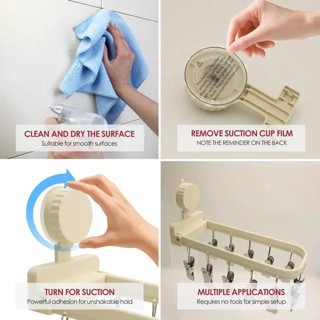 Alt view image 4 of 6 - Foldable Laundry Drying Rack with 15 Clips, Wall Mount Suction Cup Hanger for Socks Undergarments Towels, Space Saving Clothes Organizer, Cream White