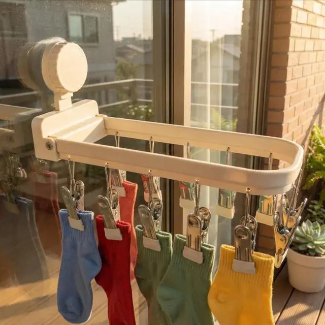 Alt view image 6 of 6 - Foldable Laundry Drying Rack with 15 Clips, Wall Mount Suction Cup Hanger for Socks Undergarments Towels, Space Saving Clothes Organizer, Cream White