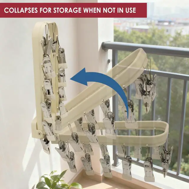 Alt view image 5 of 6 - Foldable Laundry Drying Rack with 15 Clips, Wall Mount Suction Cup Hanger for Socks Undergarments Towels, Space Saving Clothes Organizer, Cream White