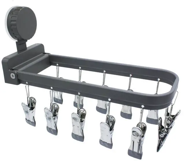 Main image of Foldable Laundry Drying Rack with 12 Clips, No-Drill Vacuum Suction Cup Wall Mount Hanger for Socks, Underwear Towels Delicates, Space Saving Travel Organizer, Dark Gray