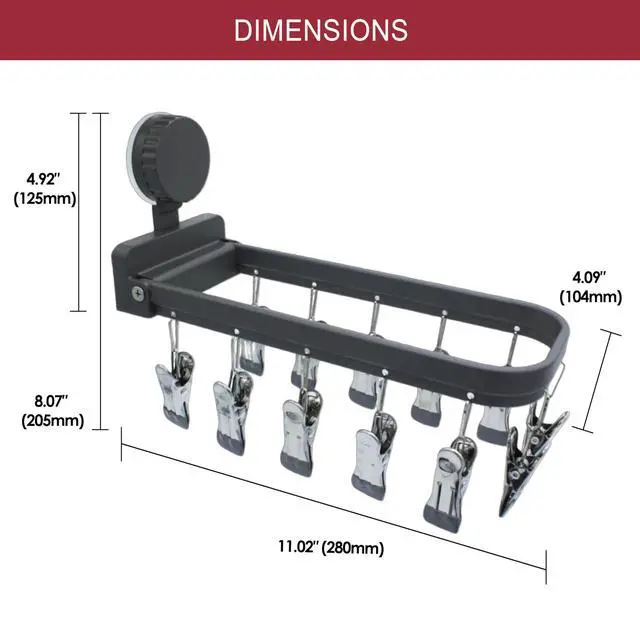 Alt view image 2 of 6 - Foldable Laundry Drying Rack with 12 Clips, No-Drill Vacuum Suction Cup Wall Mount Hanger for Socks, Underwear Towels Delicates, Space Saving Travel Organizer, Dark Gray