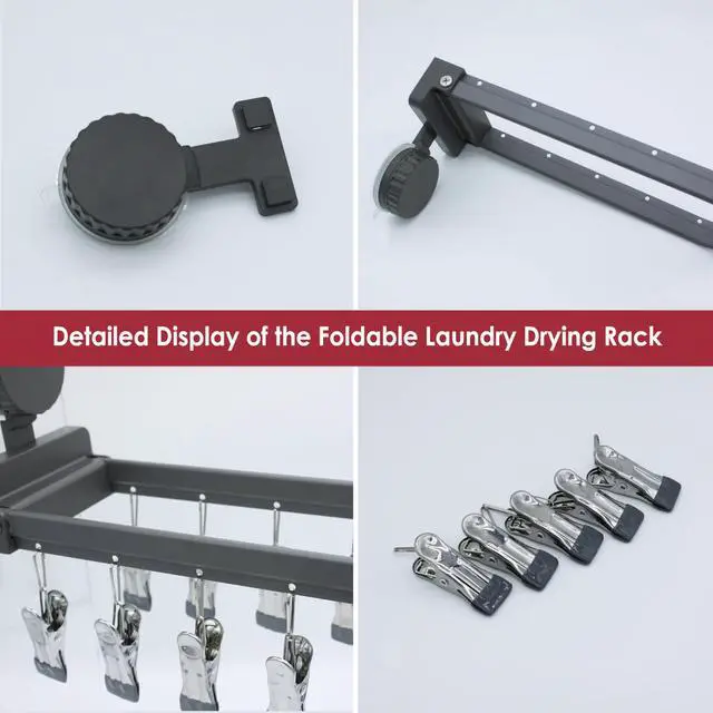 Alt view image 3 of 6 - Foldable Laundry Drying Rack with 12 Clips, No-Drill Vacuum Suction Cup Wall Mount Hanger for Socks, Underwear Towels Delicates, Space Saving Travel Organizer, Dark Gray