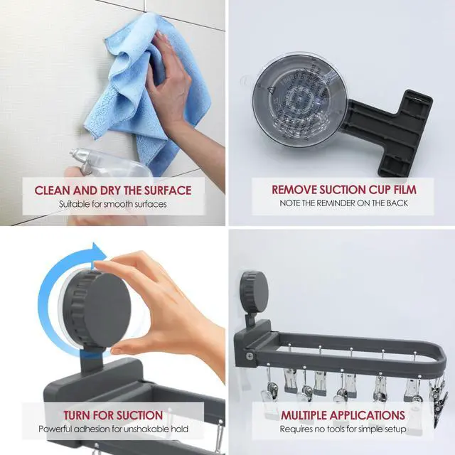 Alt view image 4 of 6 - Foldable Laundry Drying Rack with 12 Clips, No-Drill Vacuum Suction Cup Wall Mount Hanger for Socks, Underwear Towels Delicates, Space Saving Travel Organizer, Dark Gray
