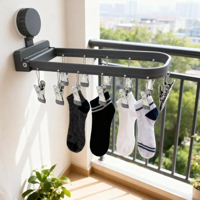 Alt view image 6 of 6 - Foldable Laundry Drying Rack with 12 Clips, No-Drill Vacuum Suction Cup Wall Mount Hanger for Socks, Underwear Towels Delicates, Space Saving Travel Organizer, Dark Gray