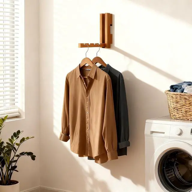Alt view image 7 of 7 - Wood Wall Mounted Clothes Drying Rack, 6 Inch Small Spaces Foldable Clothes Wall Hanging Racks, Wooden Folding Clothes Hanger Racks for Apartments Closet Balconies Laundry Room, Bedroom, Living Room