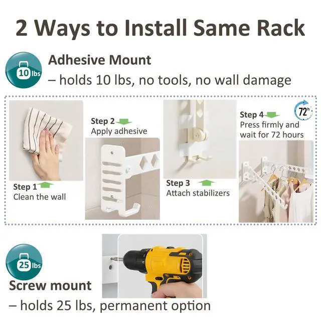 Alt view image 6 of 7 - Wall Mounted Drying Rack, 8-Hole Clothes Rack Laundry Room, White